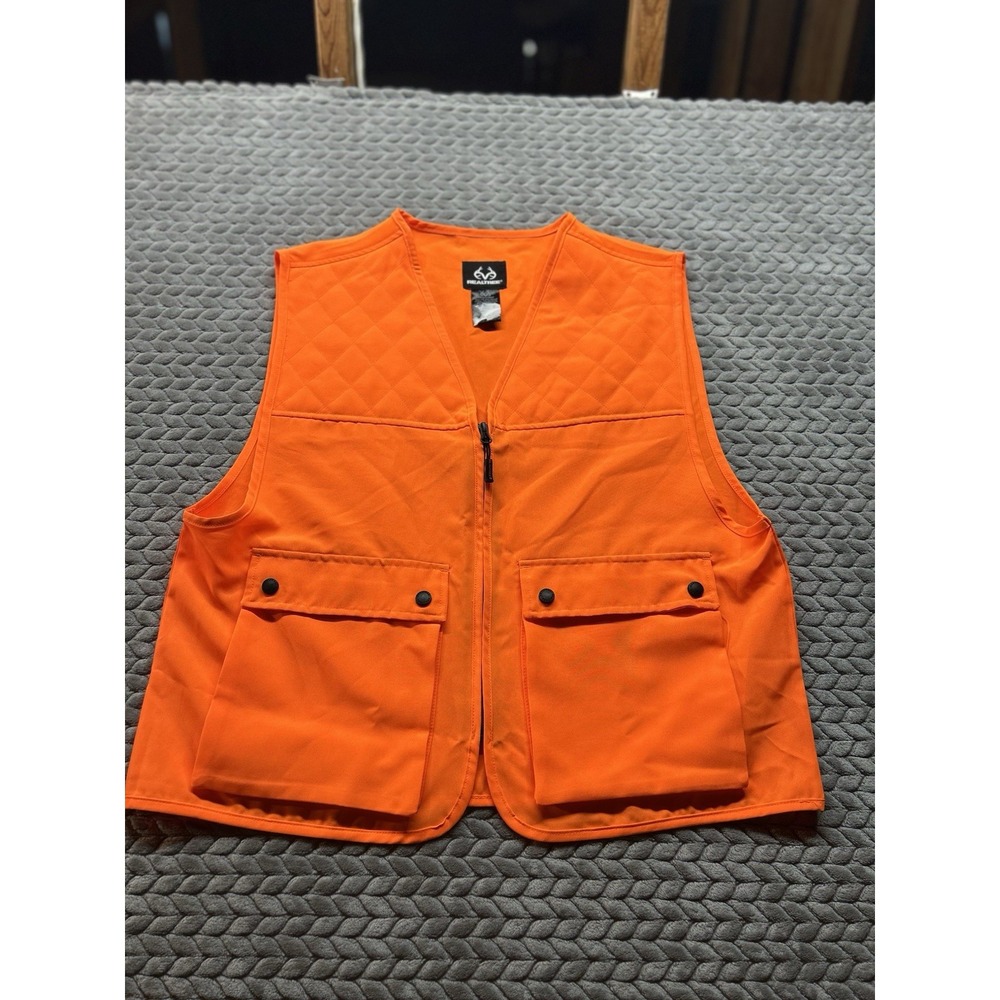 Realtree Mens S/M Blaze Orange Hunting Vest Full Zip Pockets Deer Safety